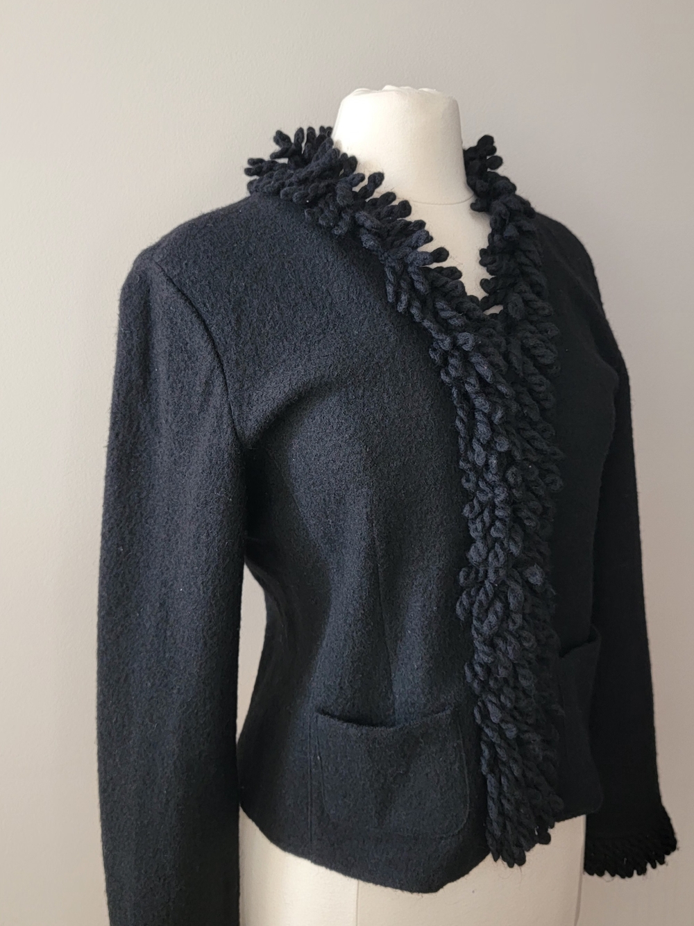 Vintage Talbots Black Boiled Fringe 100% Wool Cardigan Sweater Jacket Sz M EUC - Picture 3 of 10